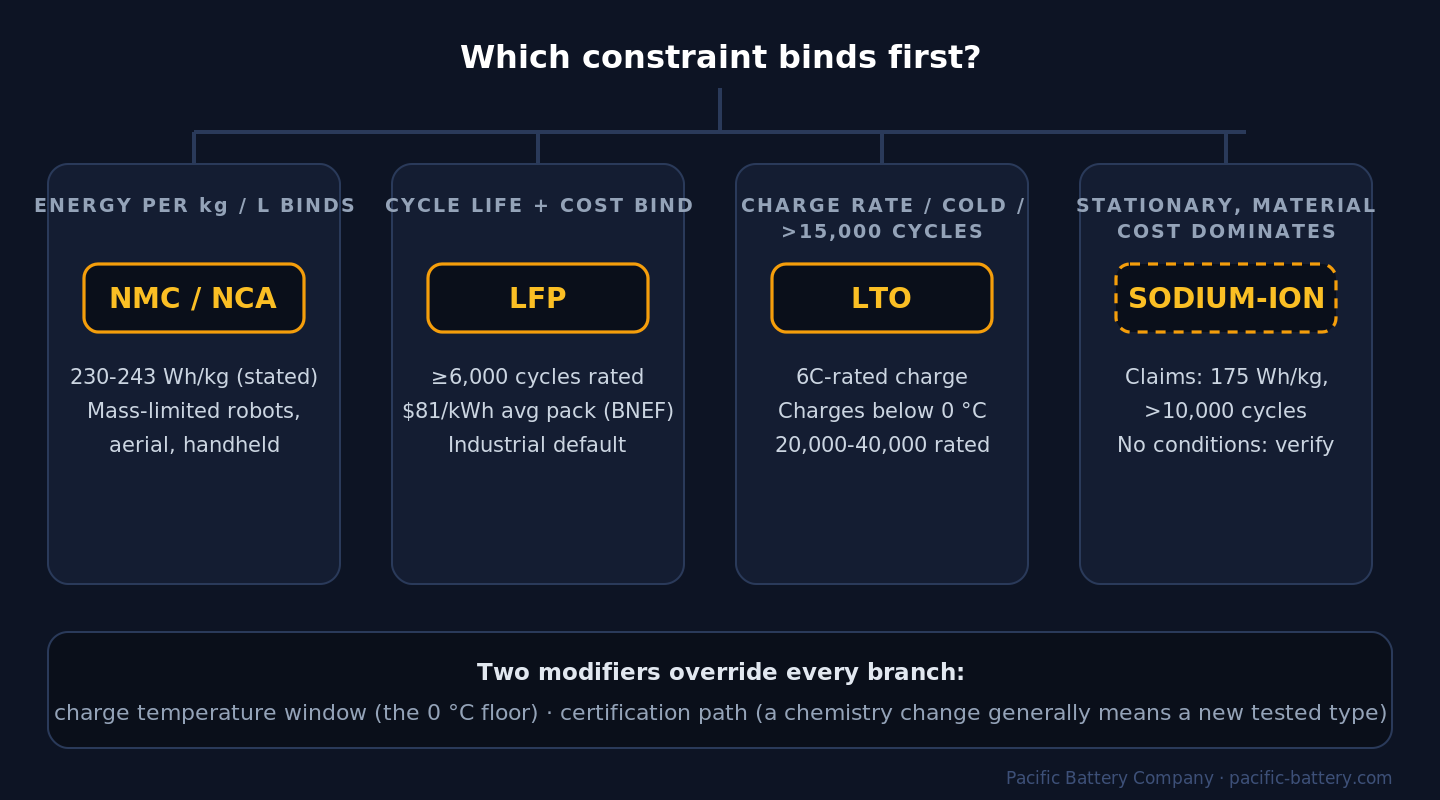 Decision map for battery chemistry selection. The question 'which constraint binds first' branches four ways. Energy per kilogram or liter points to NMC or NCA at 230 to 243 watt hours per kilogram stated. Cycle life and cost at moderate weight points to LFP, rated 6,000 cycles or more and 81 dollars per kilowatt hour average pack price. Charge rate, cold charging, or more than 15,000 cycles points to LTO, with 6C continuous charge and 20,000 to 40,000 rated cycles. Stationary duty where material cost dominates points to sodium-ion, marked as manufacturer claims to verify. A footer notes that charge temperature windows and certification path modify every branch.