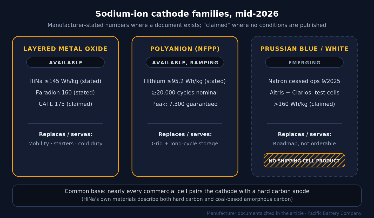 Map of the three sodium-ion cathode families. Layered metal oxide, available now: HiNa states at least 145 watt hours per kilogram, Faradion 160, CATL claims 175; used for mobility, starter batteries and cold duty. Polyanion NFPP, available and ramping: Hithium states at least 95.2 watt hours per kilogram and a nominal 20,000 cycle rating, Peak Energy guarantees 7,300 cycles; used for grid storage. Prussian blue and white, drawn hatched as emerging: Natron ceased operations September 2025, Altris and Clarios are at test cell stage with serial production targeted before the end of the decade. A footer notes that nearly all commercial cells use hard carbon anodes.